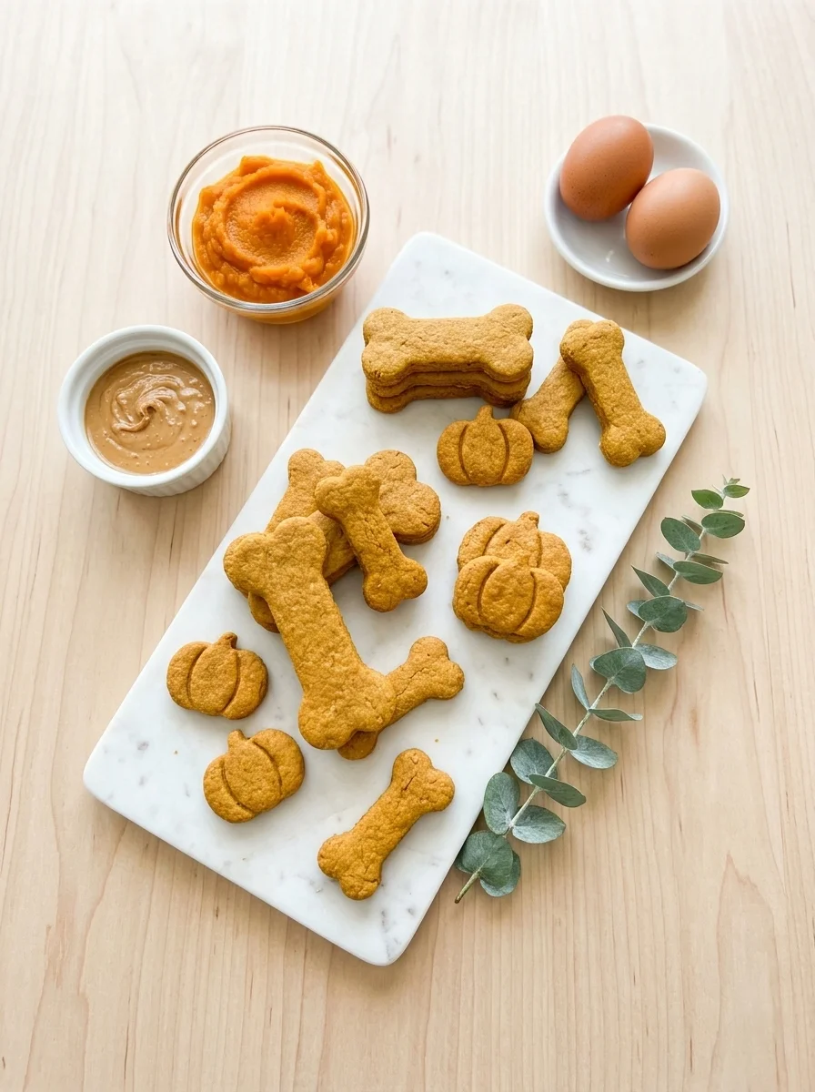 Pumpkin dog biscuits arranged on white marble with ingredients in bright light