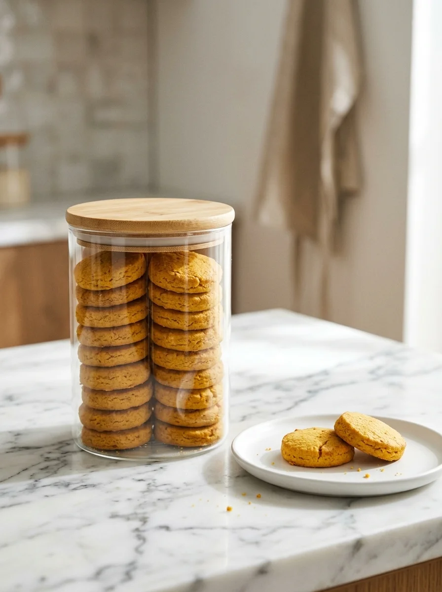 Glass canister of pumpkin biscuits on white marble