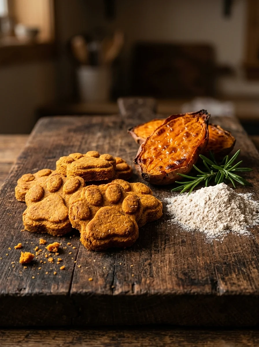 Sweet potato dog biscuits on dark wood beside roasted sweet potato