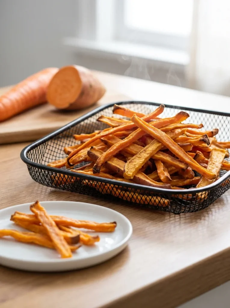 Air fryer carrot and sweet potato chews for dogs with lightly crisp edges in the basket