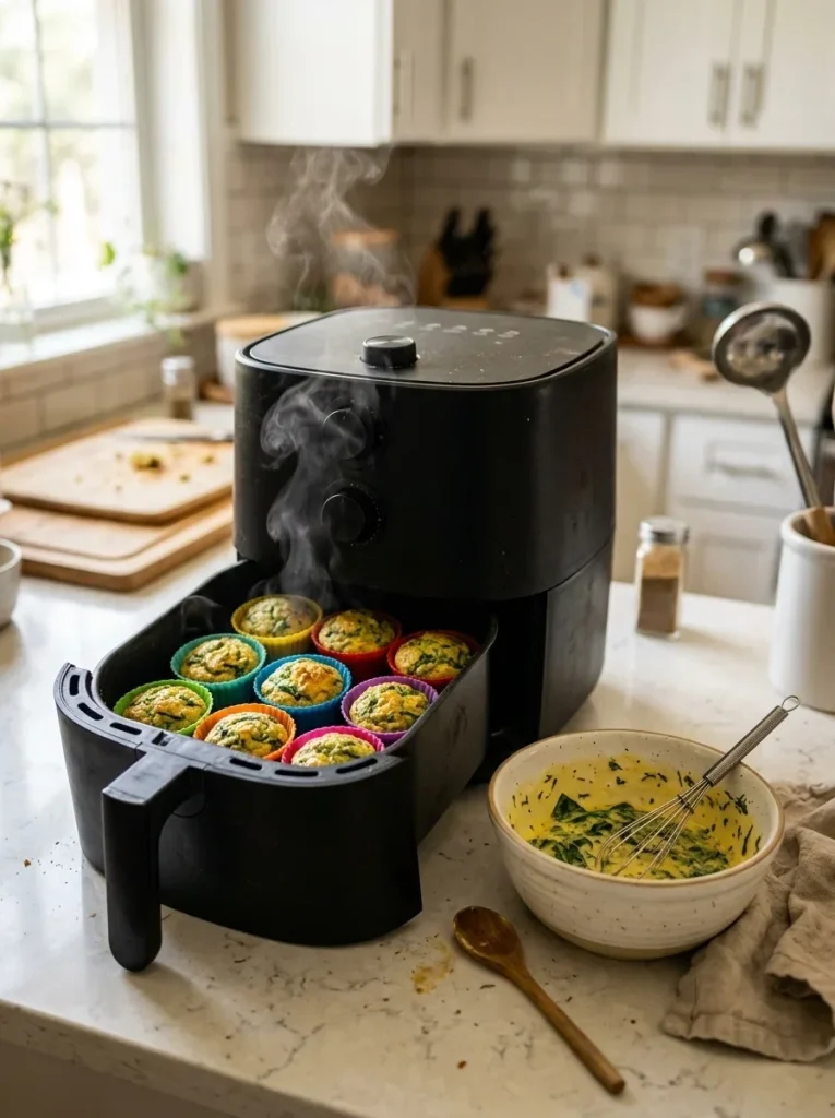 Spinach & Egg Mini Muffins for Dogs baked in an air fryer basket with silicone liners