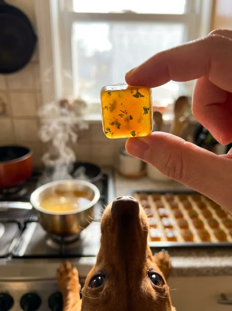 Backlit amber bone broth gelatin gummy held up beside a steaming pot for dog breath treats