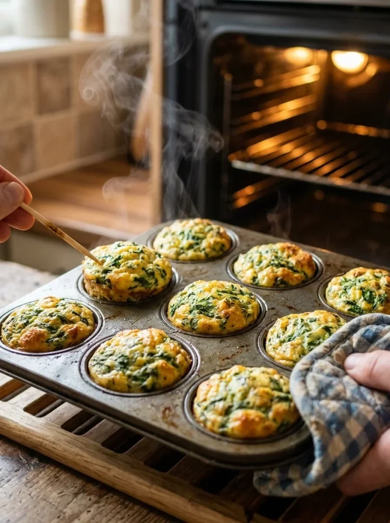 Testing Spinach & Egg Mini Muffins for Dogs with a toothpick after baking