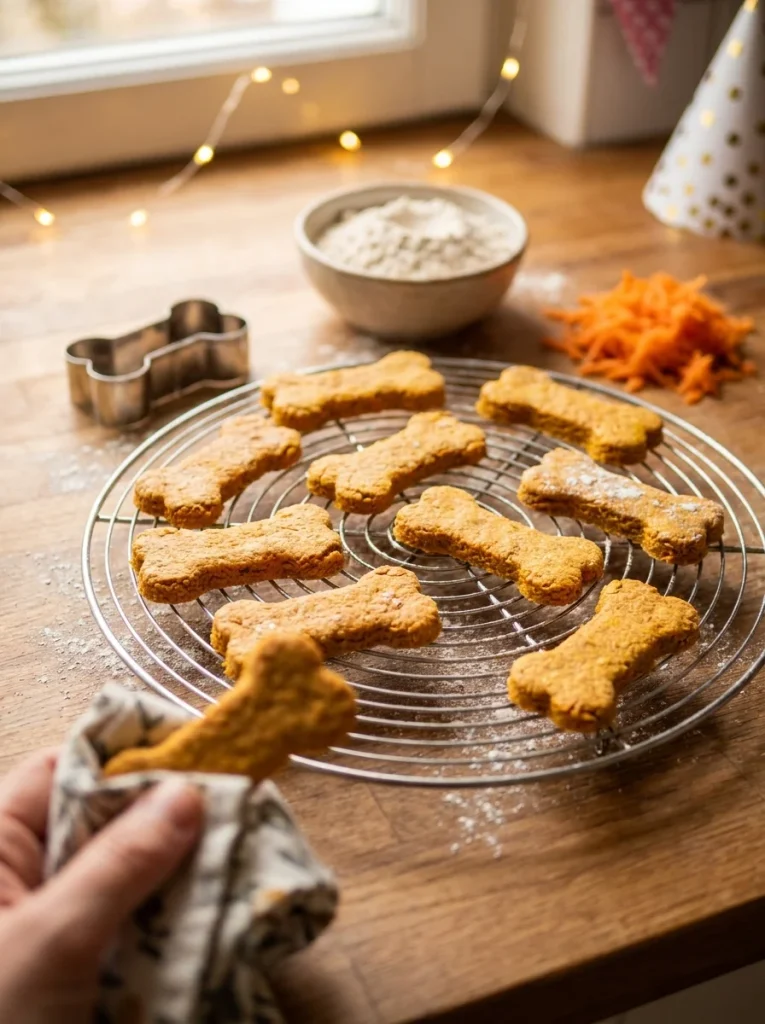Baked carrot and sweet potato bone-shaped chews for dogs cooling on a wire rack