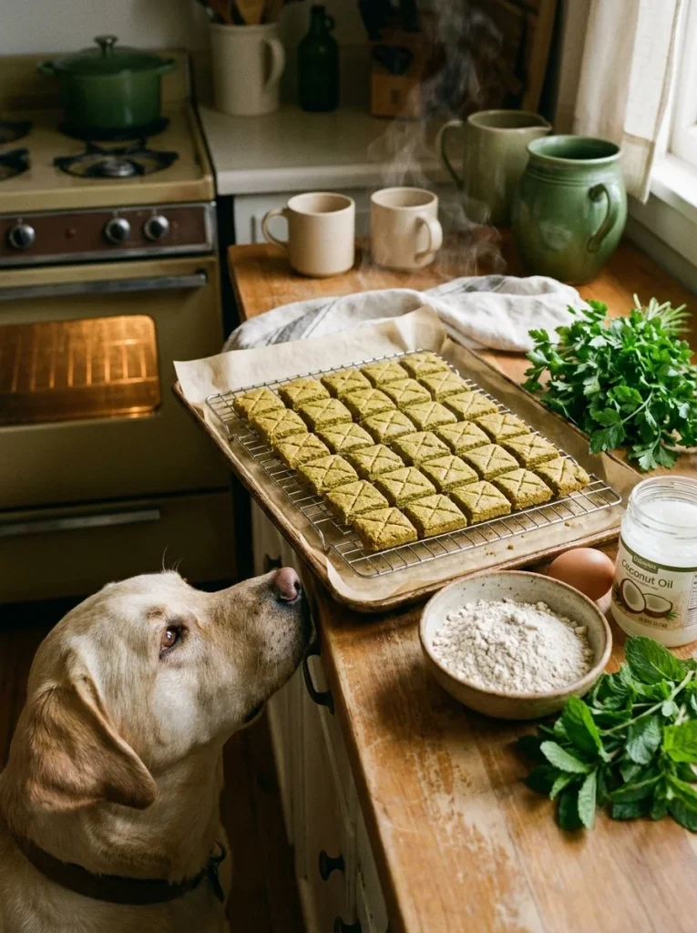 Baked chewy dog breath treats with oat flour, parsley, and mint on a cooling rack