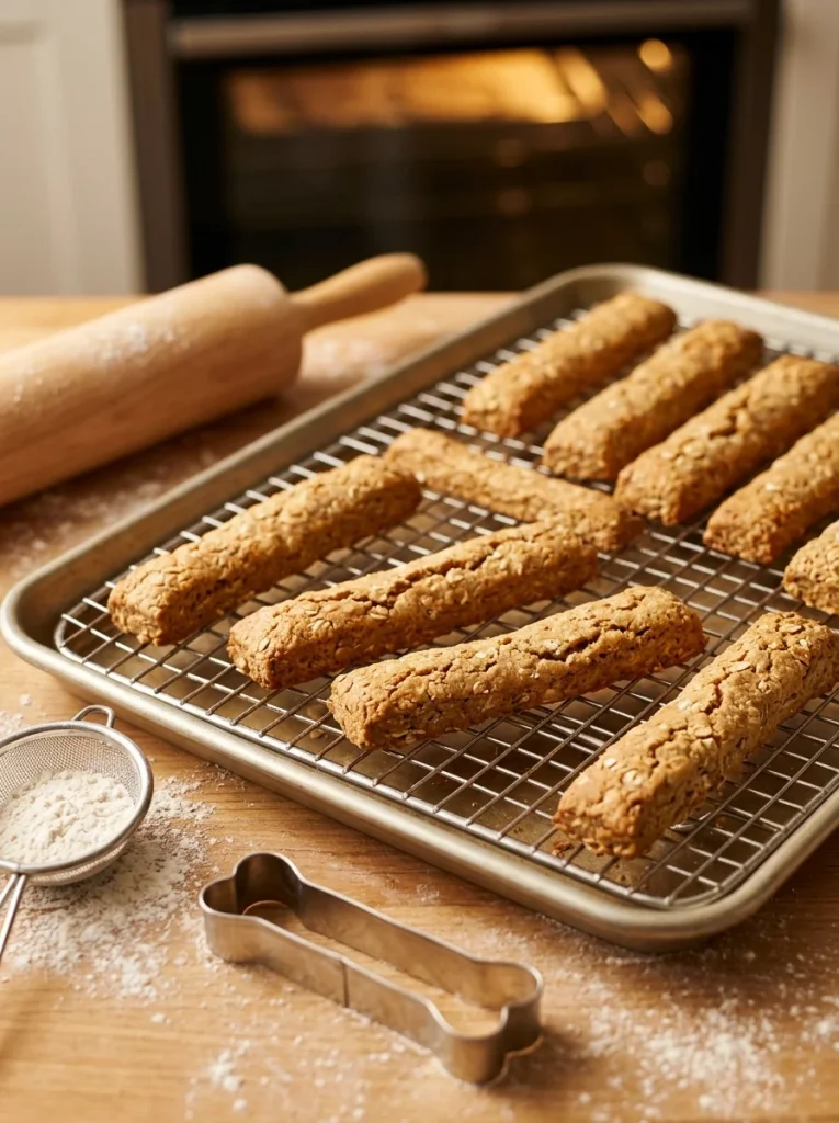 Golden baked crunchy dog chew sticks with banana and peanut butter cooling on a wire rack