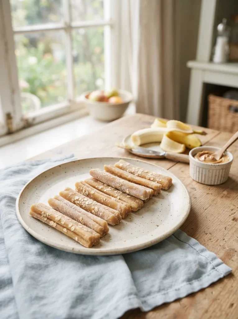Main recipe for banana and peanut butter chew sticks for dogs on a stoneware plate by a window