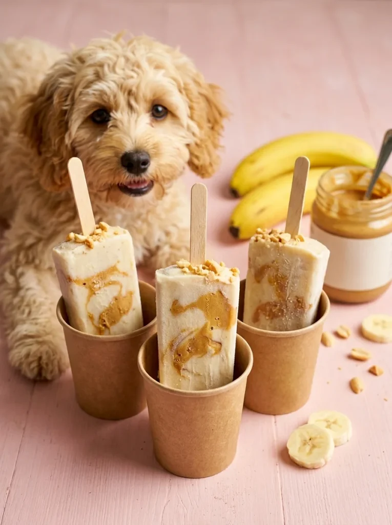 Banana peanut butter pops, dog treats without flour, on a pink backdrop