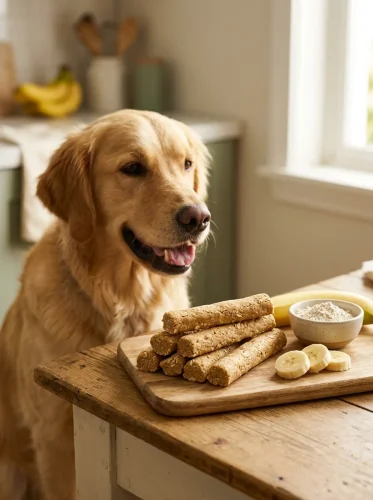 Golden retriever eyeing homemade banana and peanut butter chew sticks for dogs on a rustic table