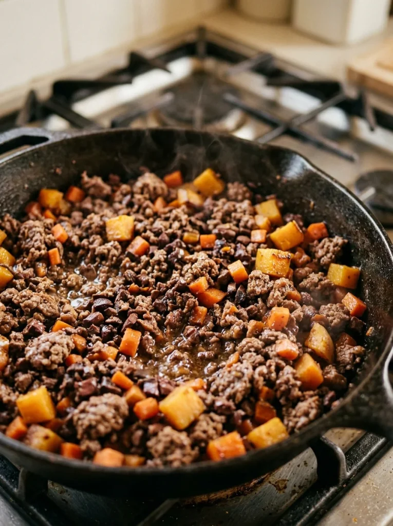 Cooked beef and organ meat topper with vegetables