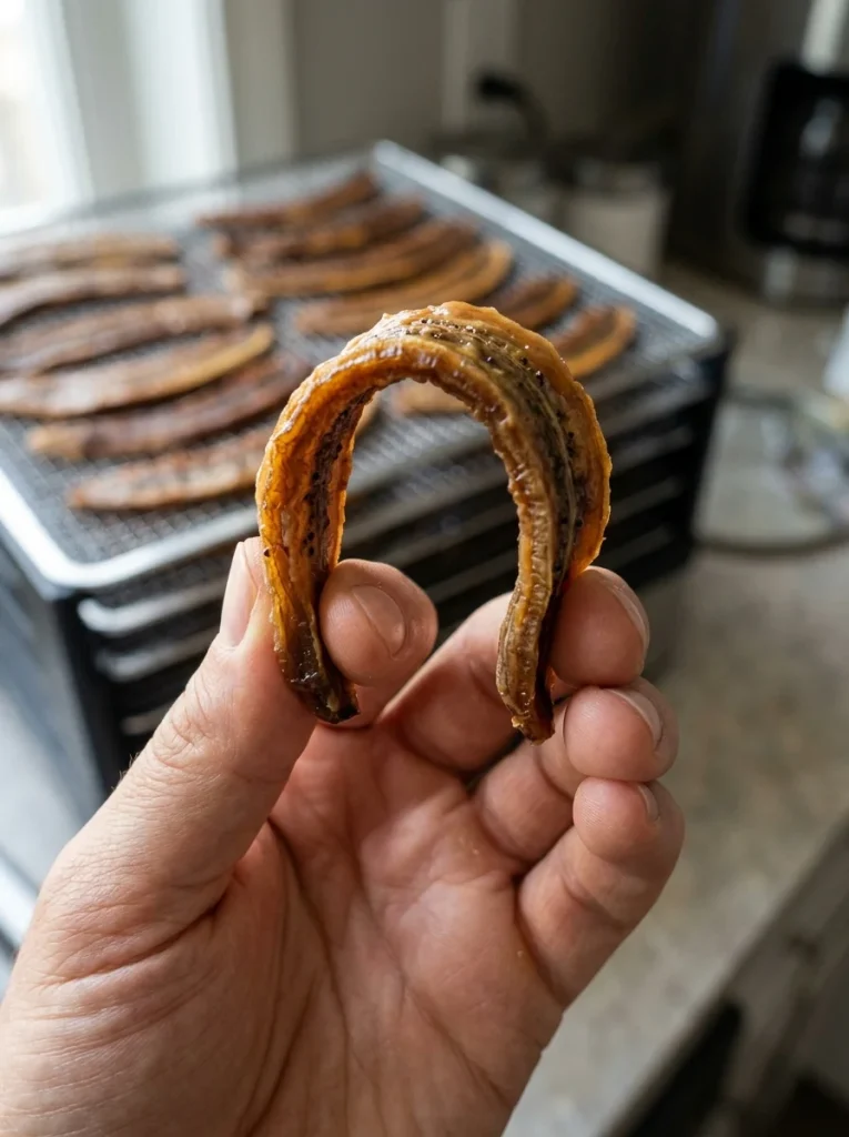 Hand bending a dehydrated banana strip with peanut butter glaze to test dog chew dryness