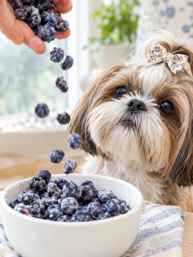 Dried blueberries in a bowl beside a small curious dog
