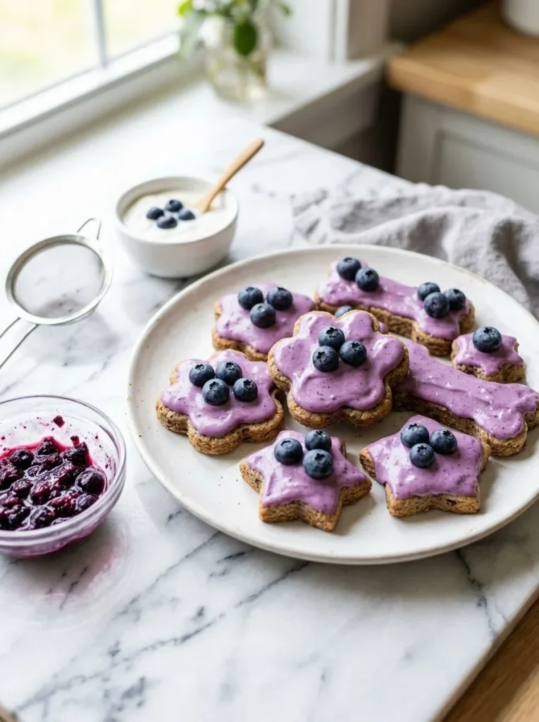 Naturally purple blueberry yogurt icing on homemade dog treats