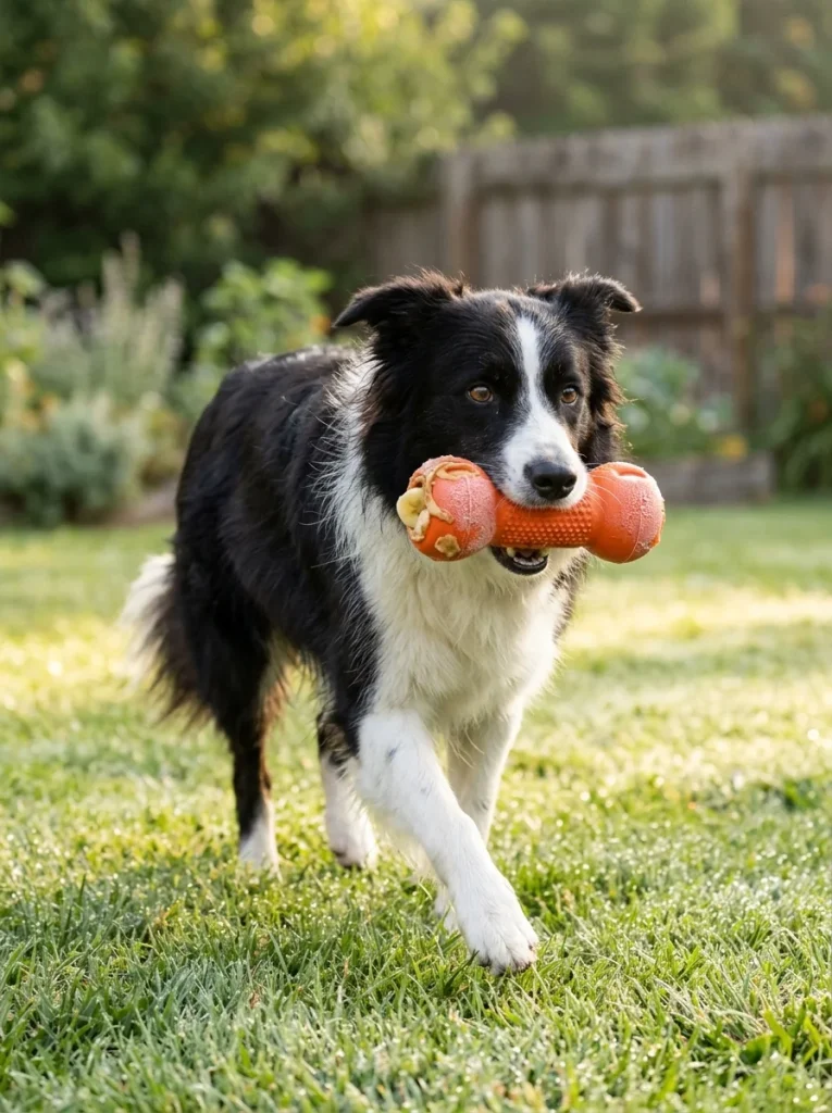 Border collie carrying a stuffed frozen chew toy with banana and peanut butter across the lawn