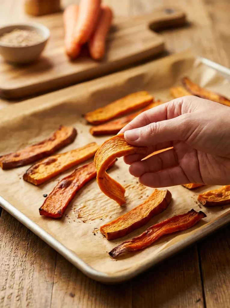 Chewy baked carrot and sweet potato strips for dogs cooling on a parchment-lined tray