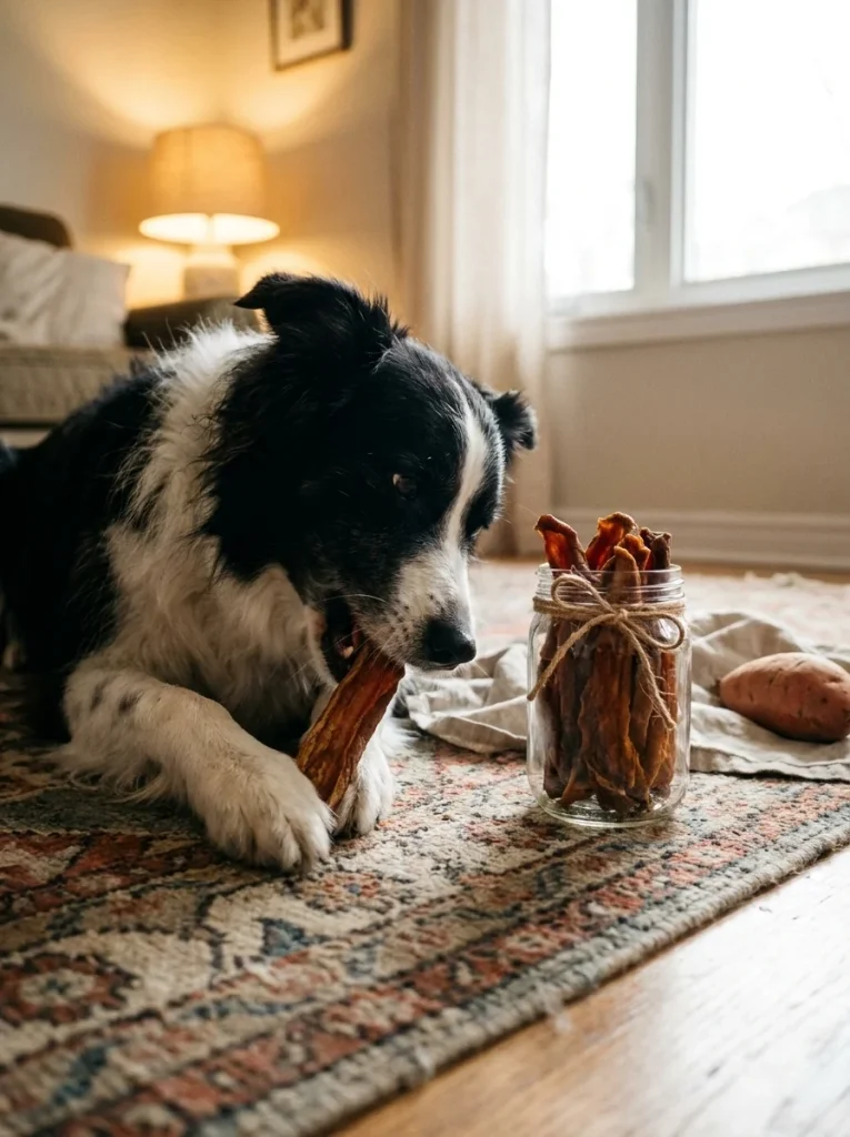 Border collie chewing a sweet potato strip beside a jar of homemade chews
