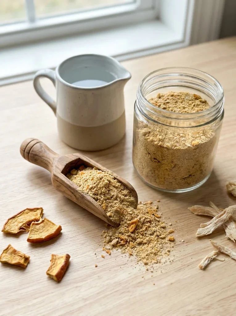 Dehydrated chicken pumpkin powder topper in glass jar
