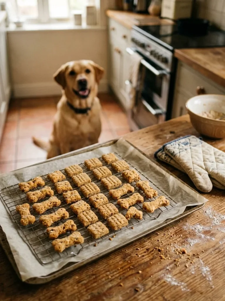 Golden classic baked homemade tuna dog treats cooling on a wire rack