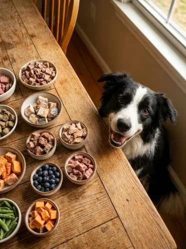 Colorful spread of freeze dried toppers with a happy dog nearby
