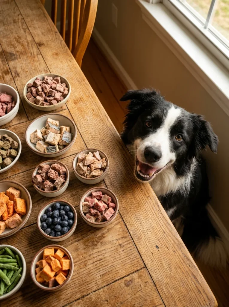 Colorful spread of freeze dried toppers with a happy dog nearby
