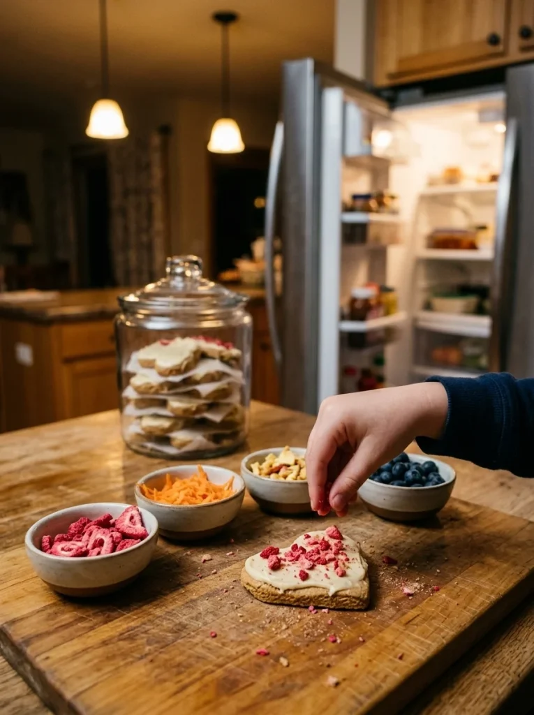 Finishing decorated dog treats with toppings before refrigerator storage