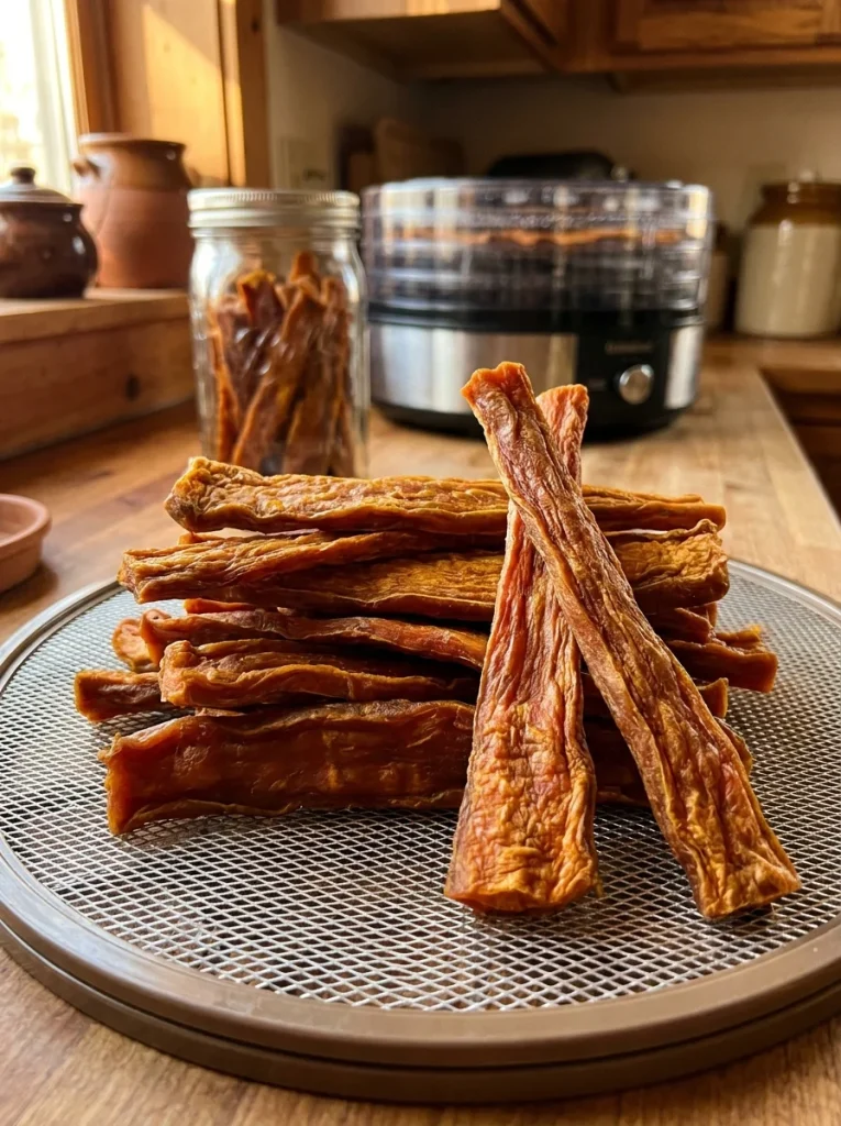 Dehydrated carrot and sweet potato jerky chews for dogs stacked on a dehydrator tray