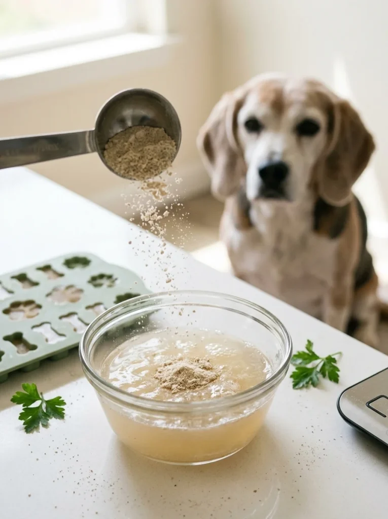 Senior beagle watching dental powder added to fresh breath dog gummies mixture in a glass bowl