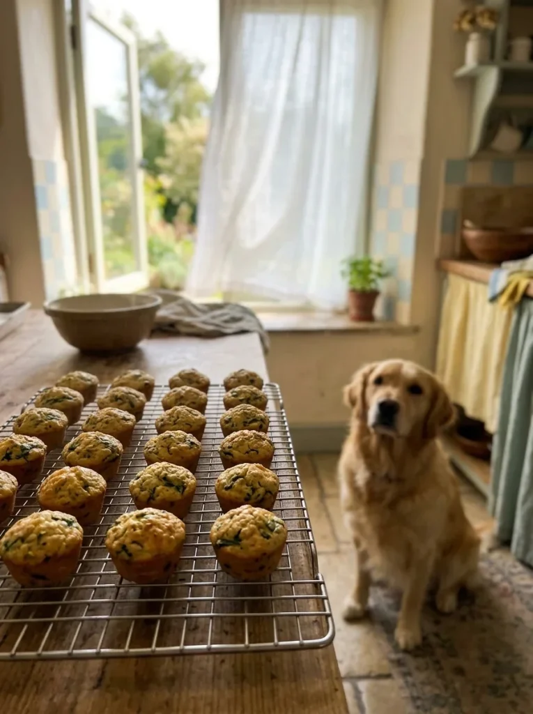 Mini spinach and egg muffins cooling on a rack near a window with a waiting golden retriever