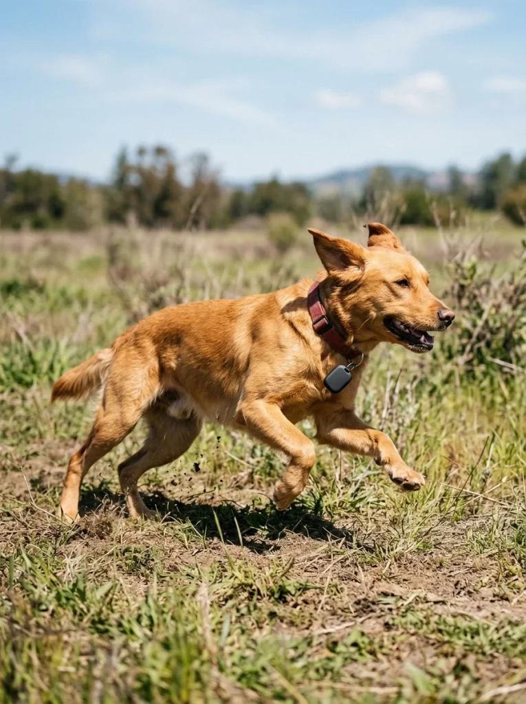 Dog running in field wearing tech dog tag