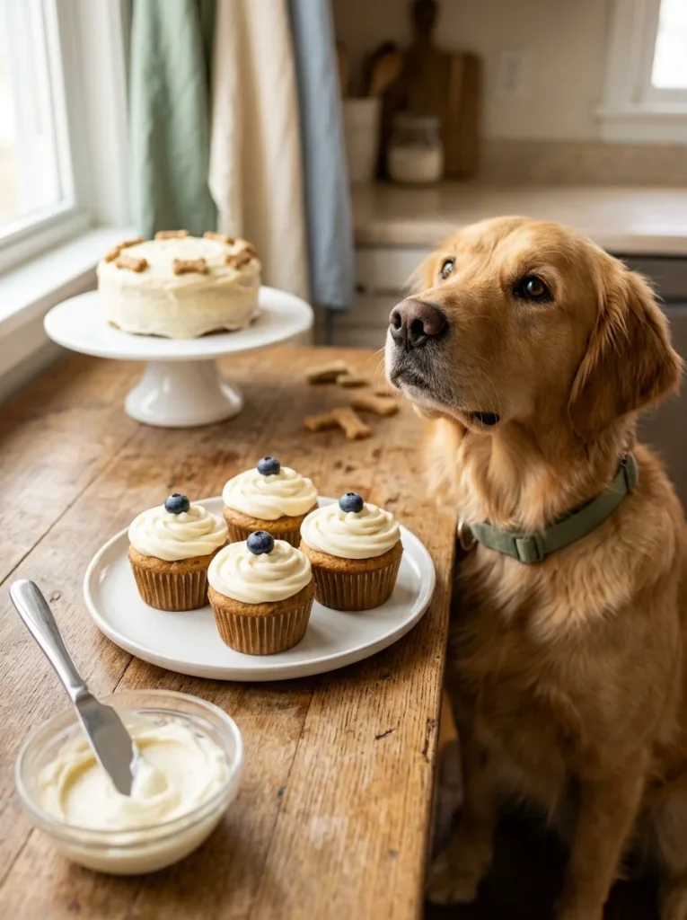 Dog-safe cream cheese frosting recipe on pupcakes with a happy golden retriever