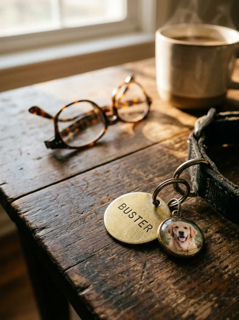 Dog tag with family photo charm close up