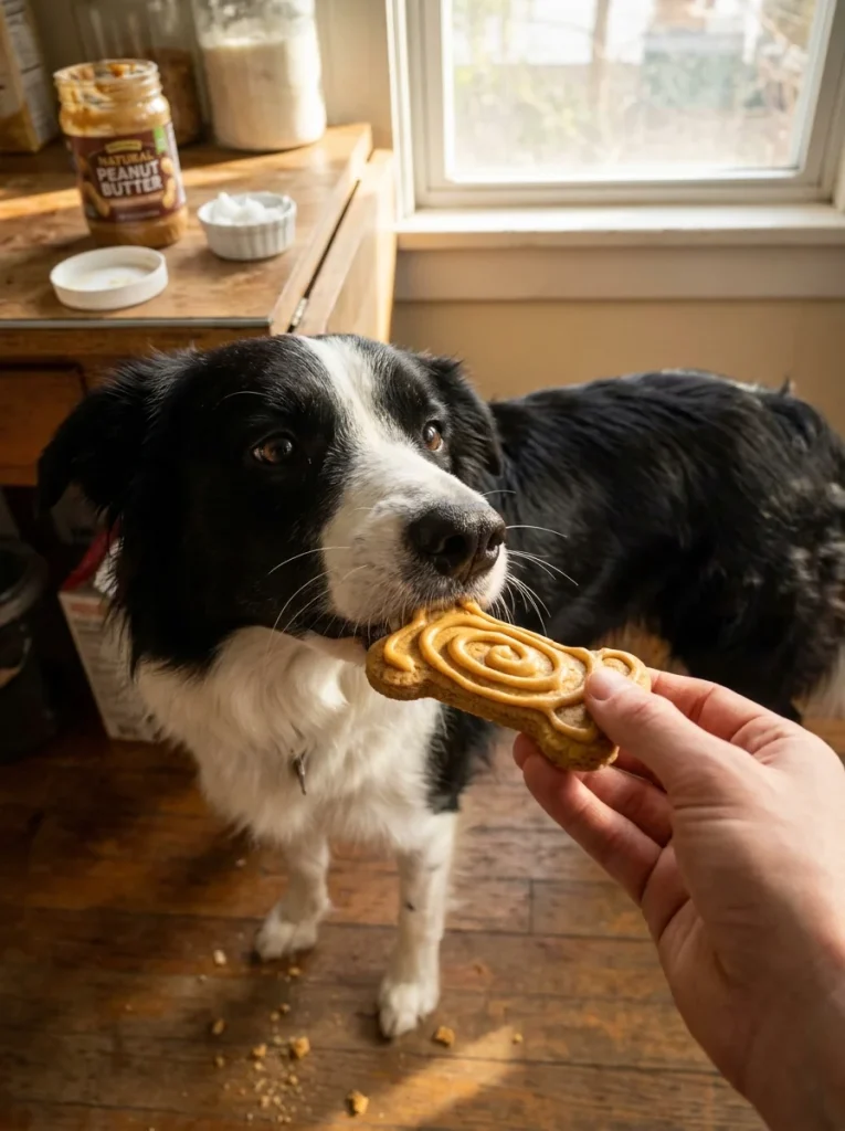 Dog gently taking a peanut butter icing treat from an owner's hand