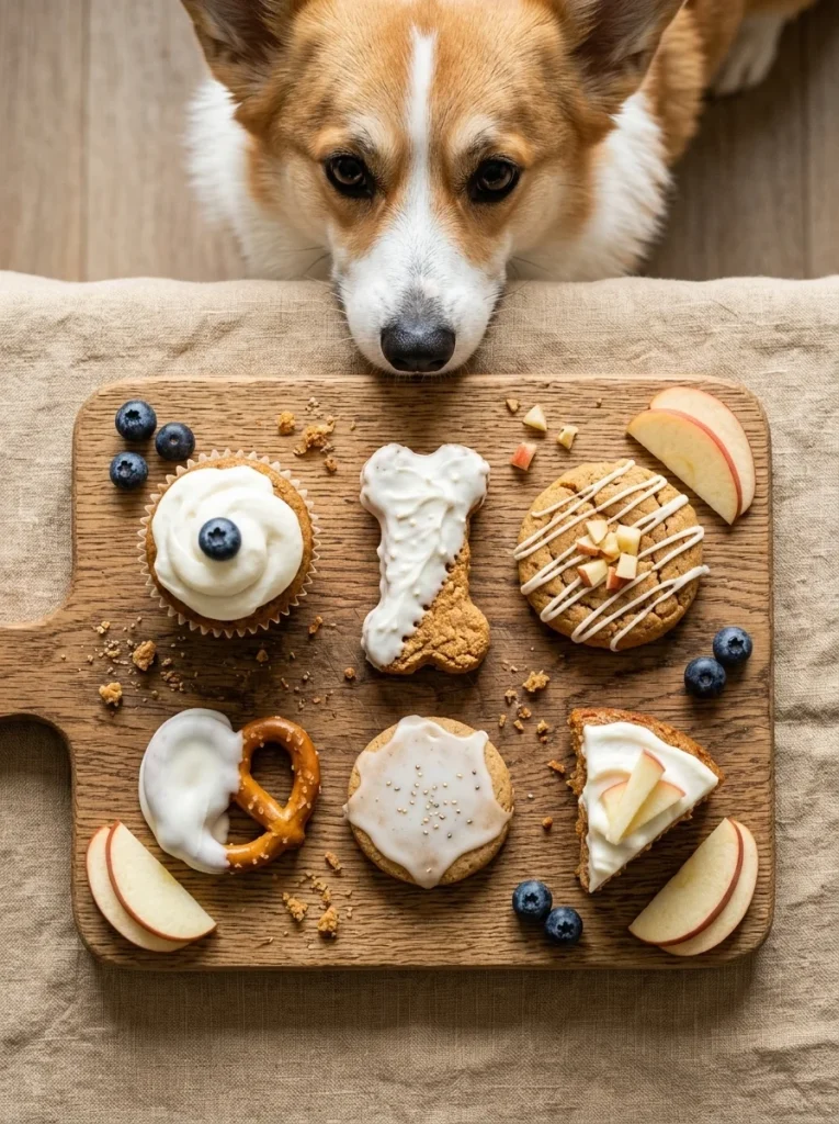Sampler of dog treats with Greek yogurt frosting beside a Corgi