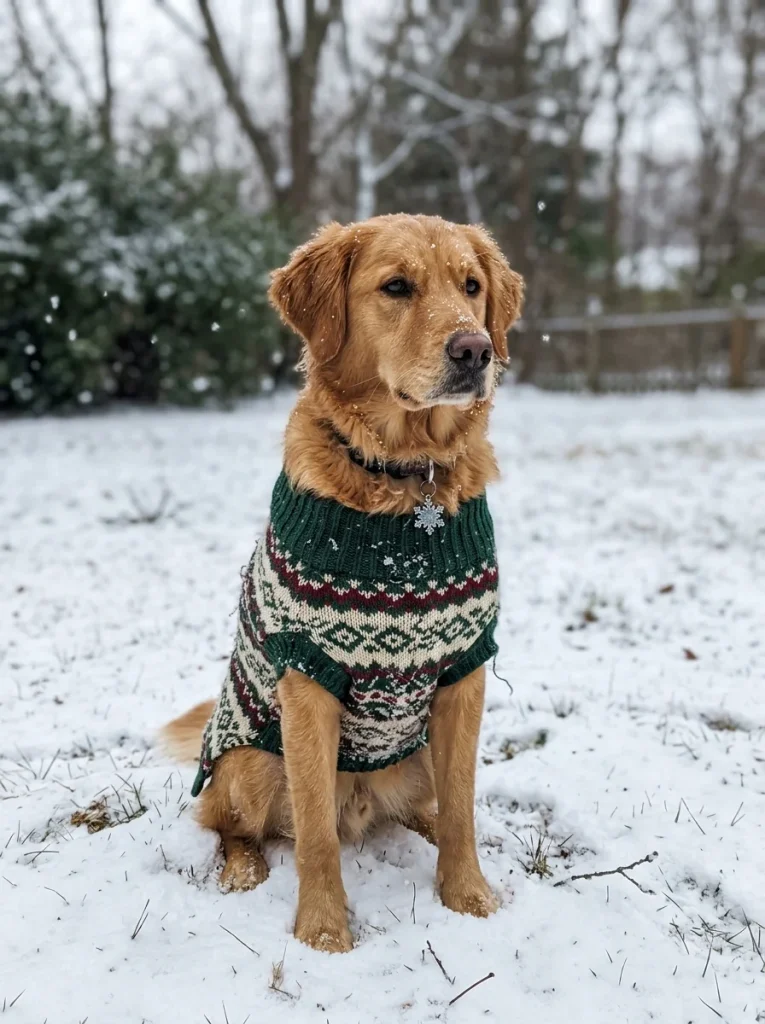 Dog wearing holiday themed dog tag in winter