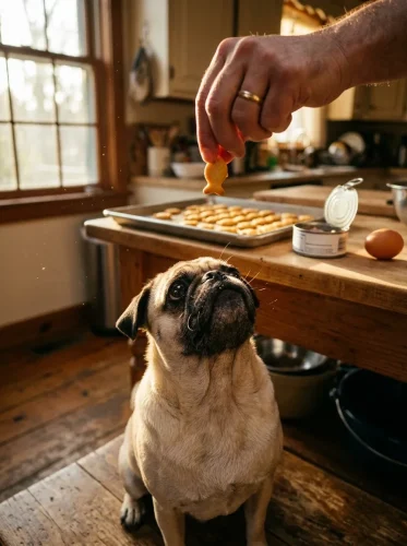 Pug looking up at a tray of homemade tuna dog treats on a kitchen counter