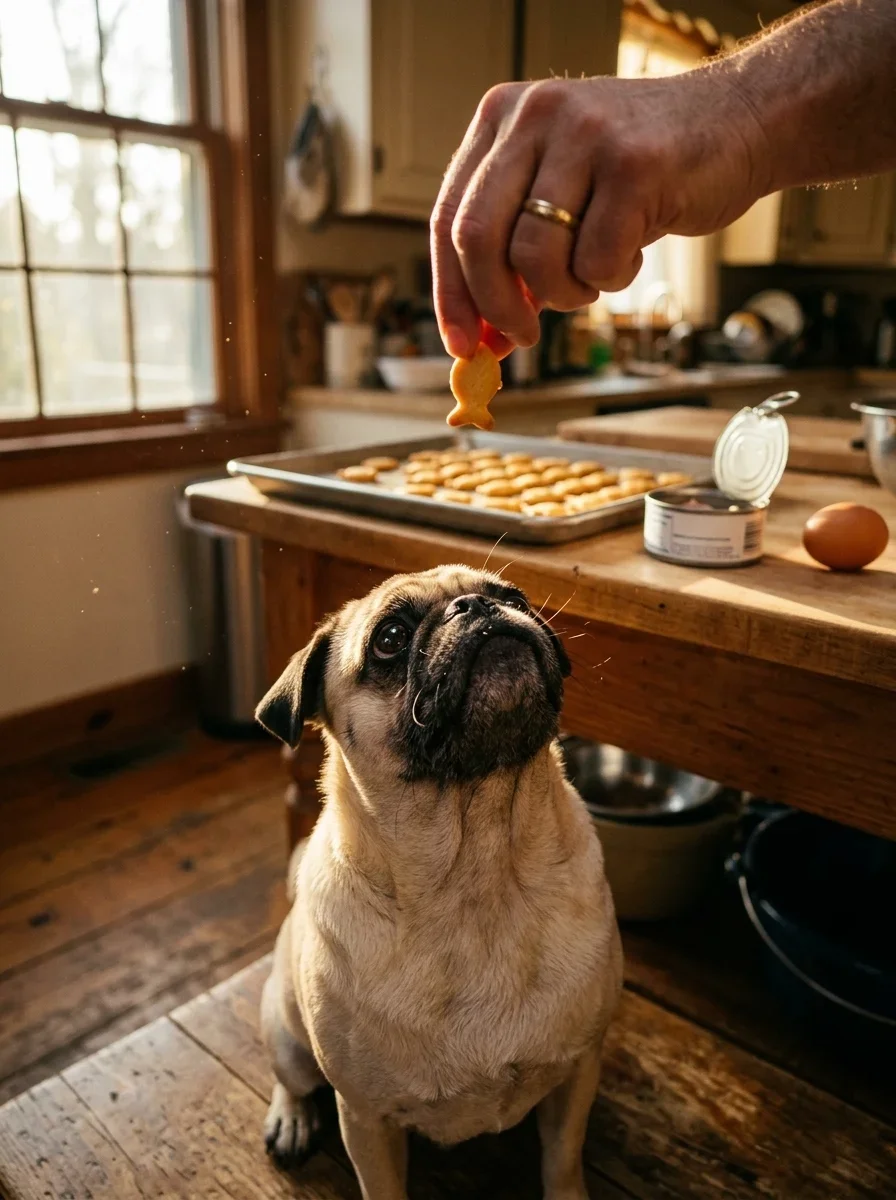 Pug looking up at a tray of homemade tuna dog treats on a kitchen counter