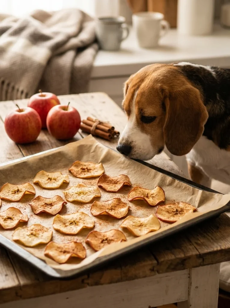 Dried apple cinnamon rounds, dog treats without flour, on baking sheet