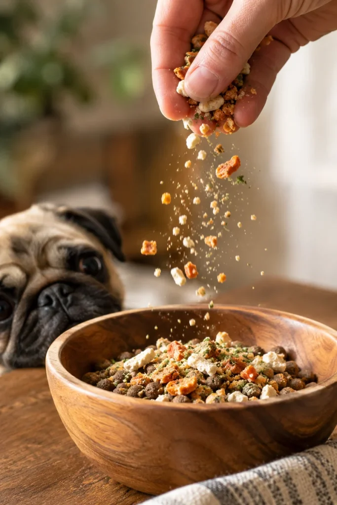 Dry topper sprinkled on kibble in a bright kitchen