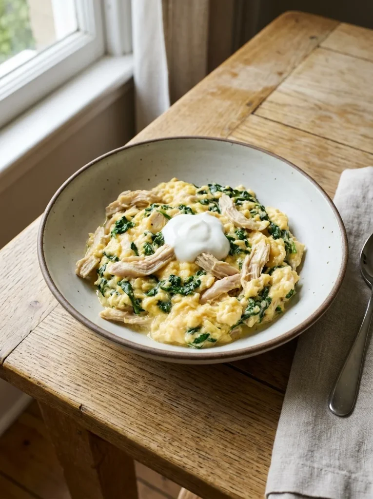 Egg chicken spinach yogurt topper in dog bowl