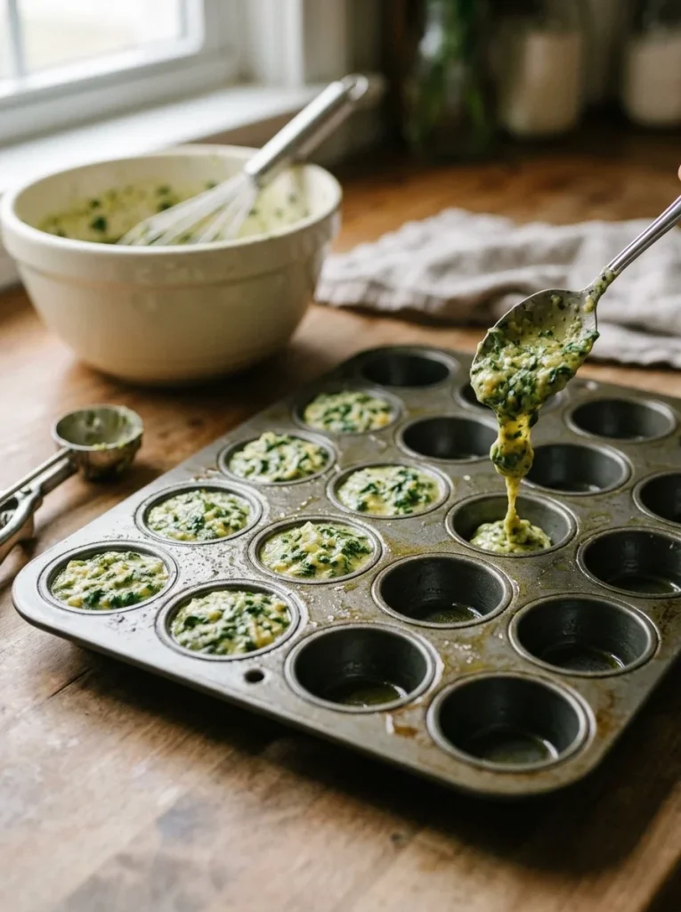 Spooning spinach and egg batter into a mini muffin tin for dog treats