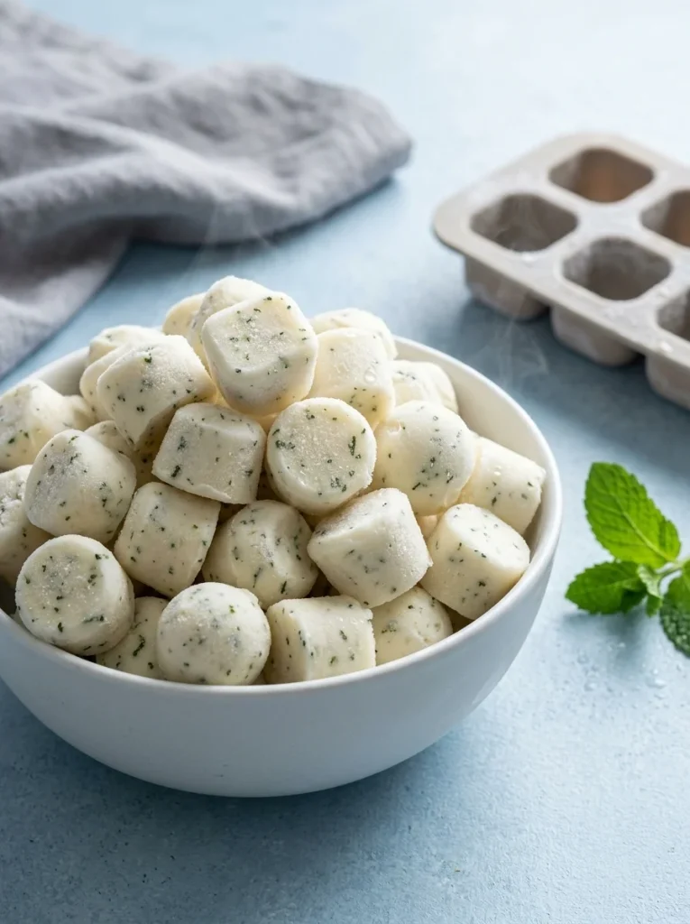 Ceramic bowl of finished frozen yogurt fresh breath dog gummies bites with green herb flecks
