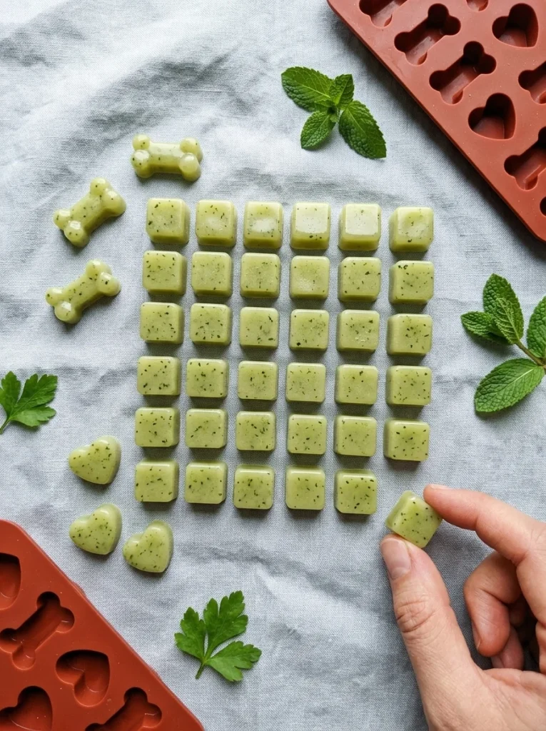 Flat lay of finished parsley and mint fresh breath dog gummies in squares and bone shapes
