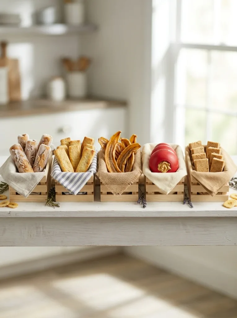 Five ways to make banana and peanut butter chew sticks for dogs displayed in small crates