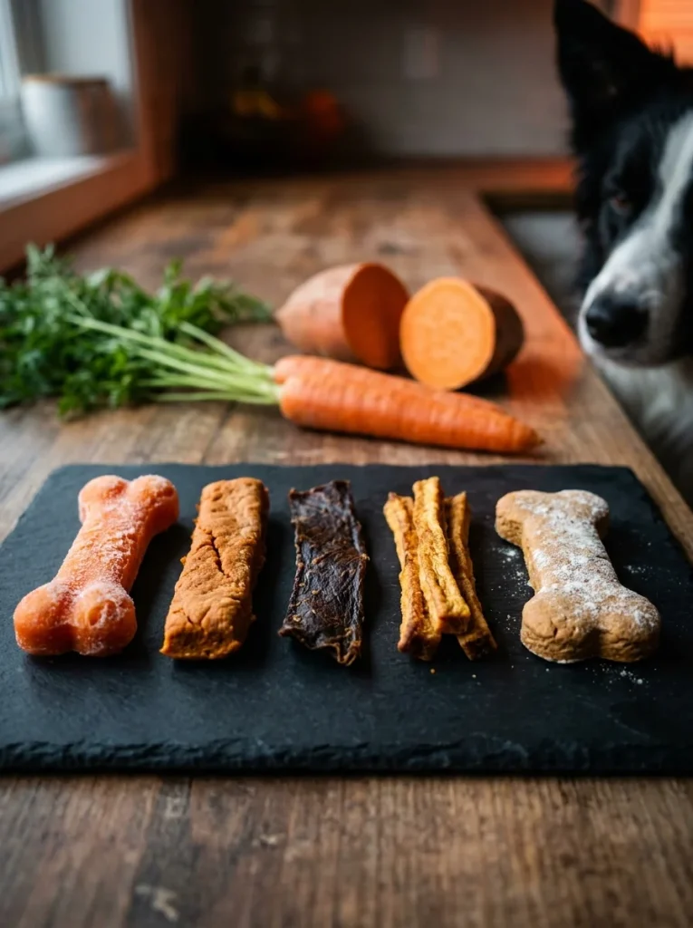 Homemade carrot and sweet potato chews for dogs in five styles on a dark slate board
