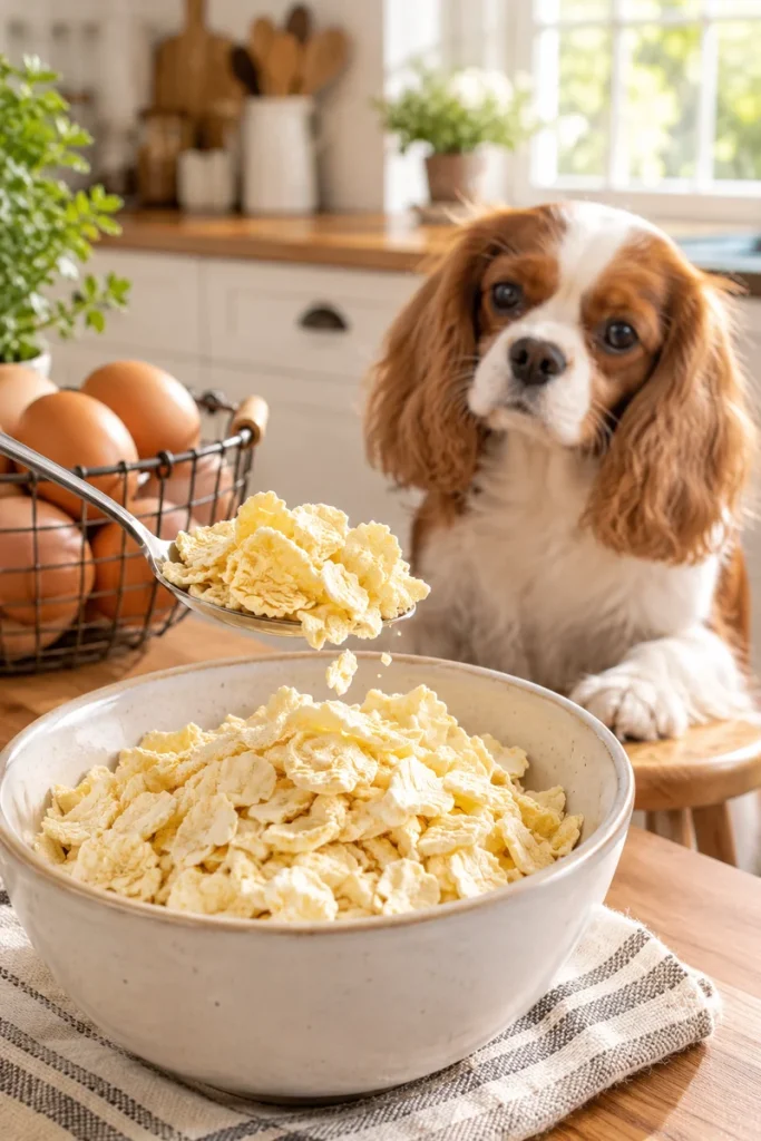 Fluffy egg topper being mixed into a dog bowl