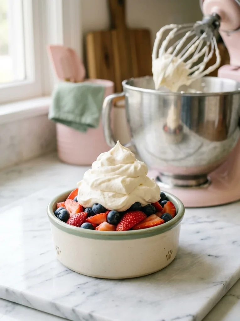 Fluffy whipped frosting dollop on a dog-safe fruit bowl