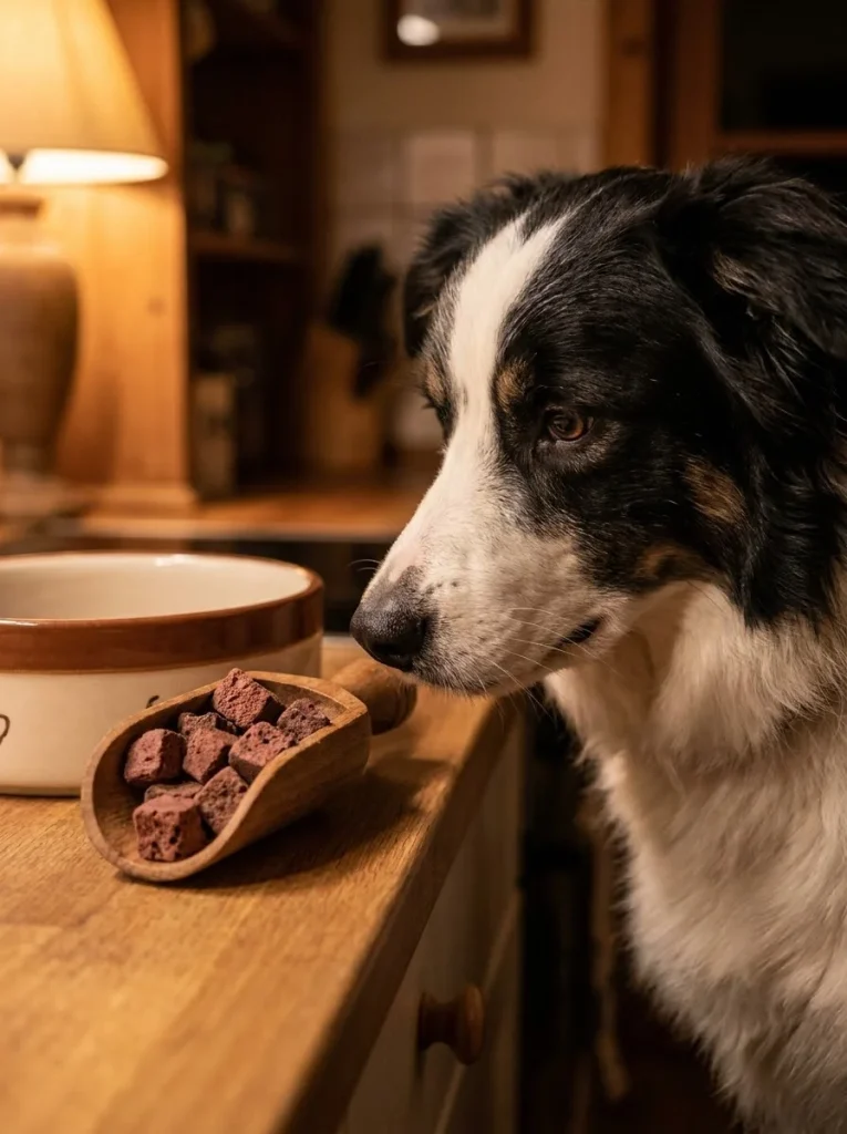 Dark freeze dried beef liver cubes beside a dog bowl