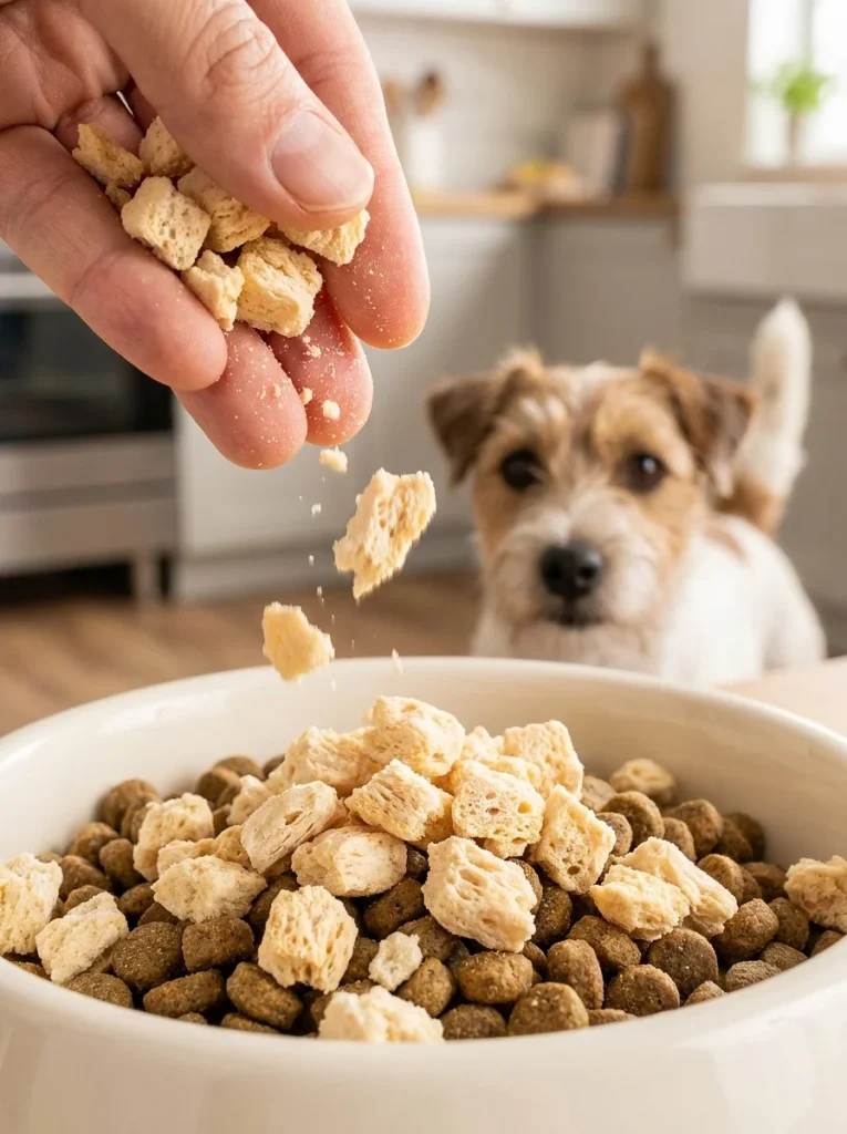 Freeze dried chicken breast crumbles sprinkled over dog kibble