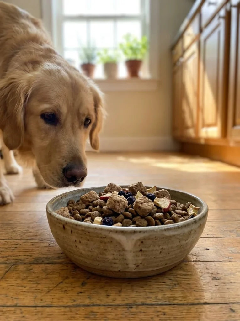 Golden retriever eyeing a bowl with freeze dried dog food toppers