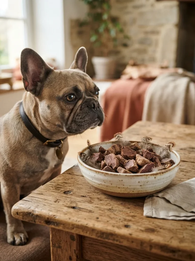 Freeze dried duck pieces in a bowl for a dog with food sensitivities